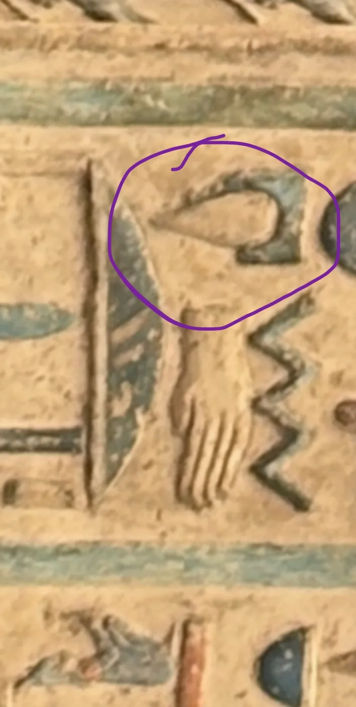 The same area of painted relief with a hand-drawn purple circle around a drop-like form whose interior is clear, showing the limestone ground, with blue-green pigment along its edge.
