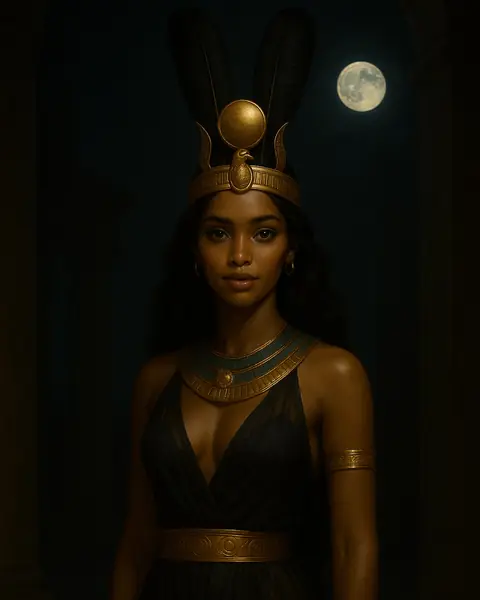 Artwork reimagining Hathor: a woman with long dark hair at night, wearing a crown of two dark feathers around a golden sun disk with a cobra at the front, a turquoise collar and a black gown, beside a full moon.